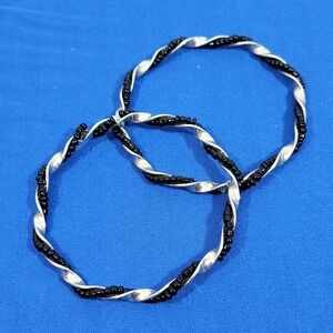 Twisted Black & Silver Beaded Bracelets Bangles Set Of 2